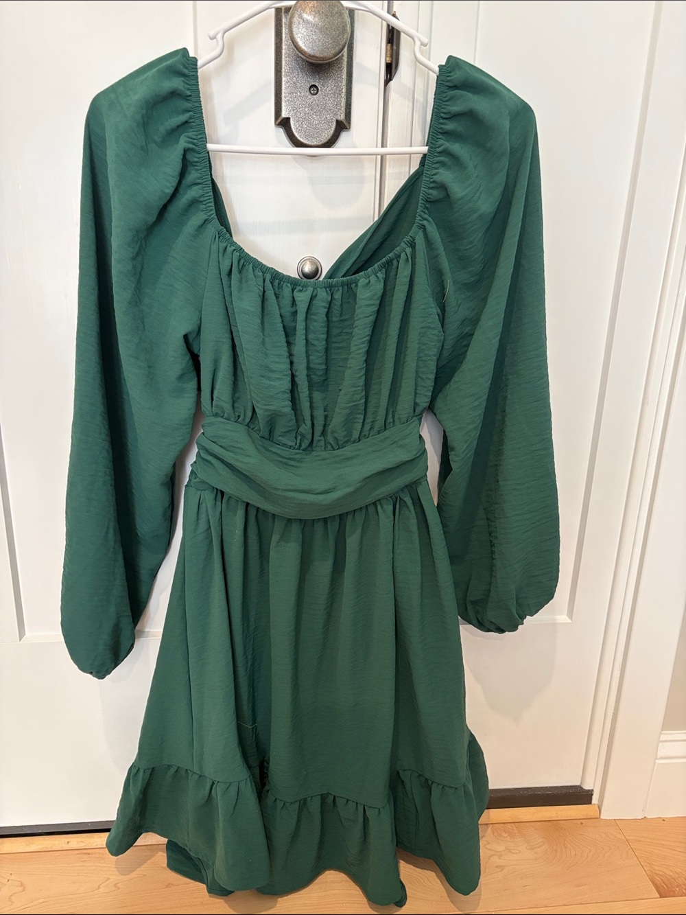 Amazon Dark Green Long Sleeve Ruffle-Hem Midi Dress